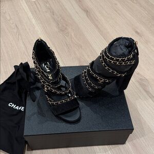 Chanel Black Heels with Gold Chain Detail